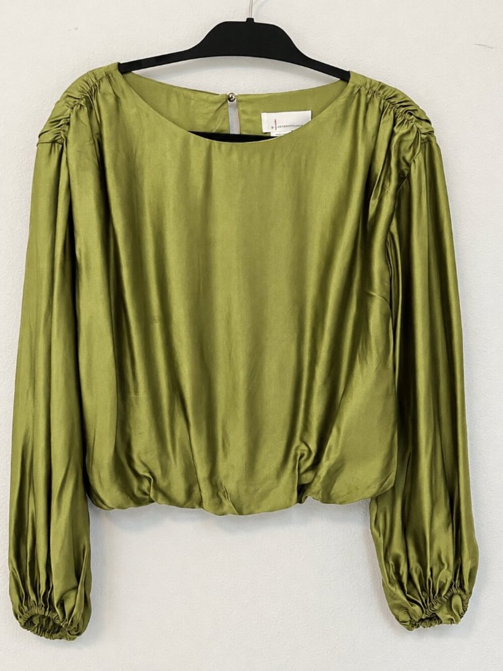 Anthropologie Olive Green Satin Blouson Sleeve Blouse, Size XXS - Picture 2 of 12